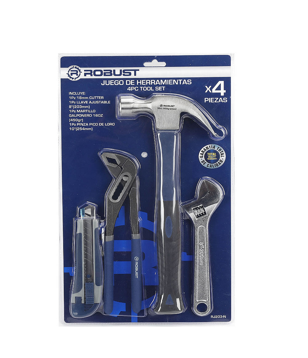 Set de Herramientas Manual 4 Piezas + Martillo + Llave Ajustable + Pinza + Cortante Robust