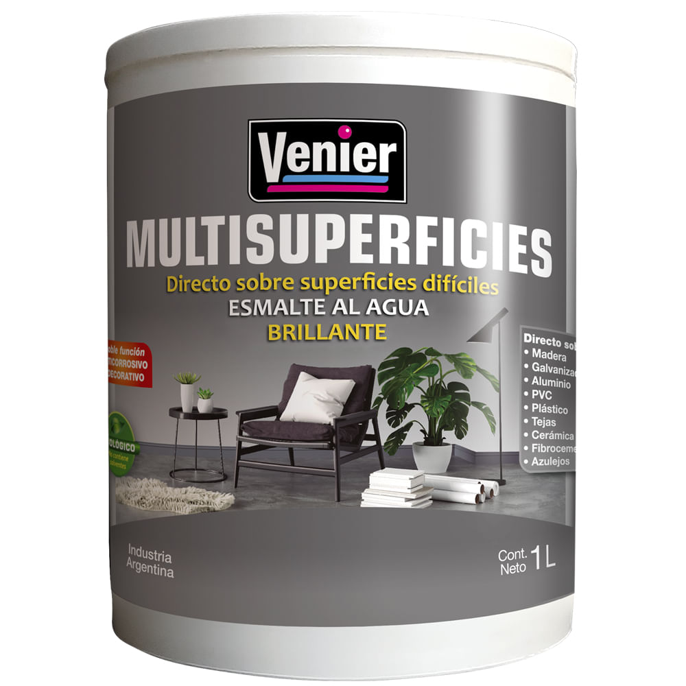 Esmalte Al Agua Negro Brillante 1 Lts Multisuperficies Venier
