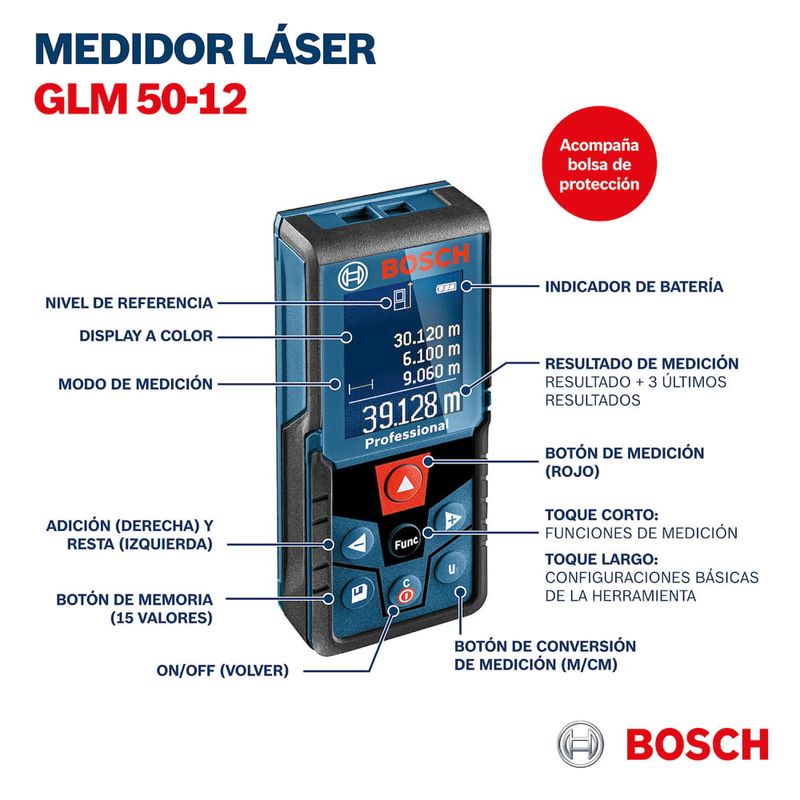 Medidor láser Bosch GLM 50-12 alcance de 50 metros