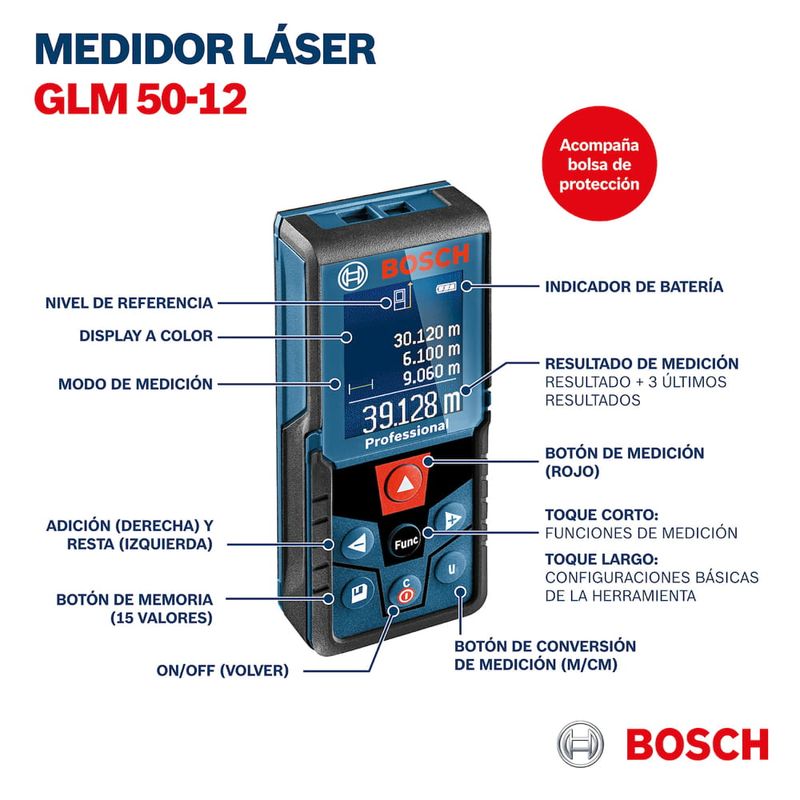 Medidor láser de distancias 50 metros GLM 50-12 Bosch