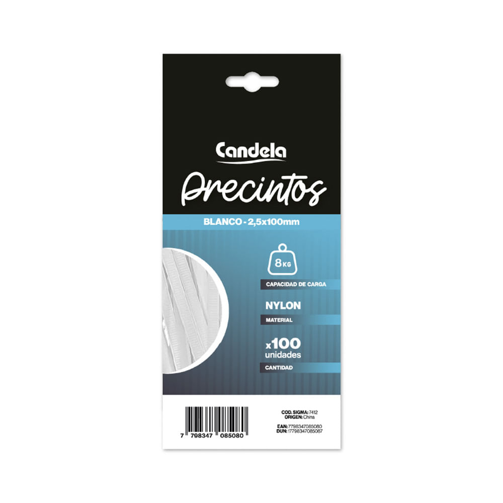 Precinto Nylon 2.5x100 Mm Blanco x 100 Un Candela