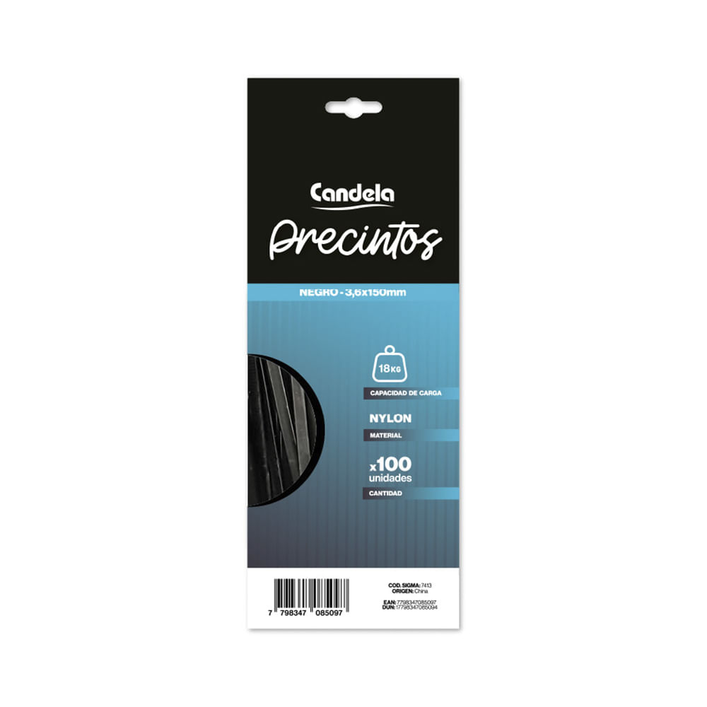 Precinto Nylon 3.6x150 Mm Negro x 100 Un Candela