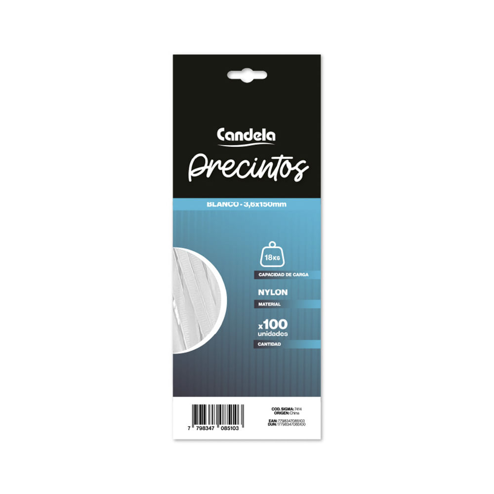 Precinto Nylon 3,6x150 Mm Blanco x 100 Un Candela