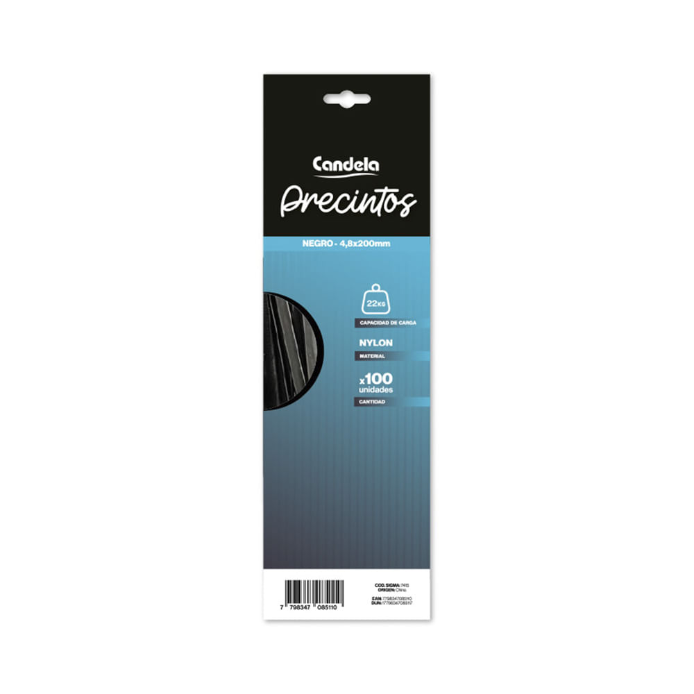 Precinto Nylon 4.8x200 Mm Negro x 100 Un Candela