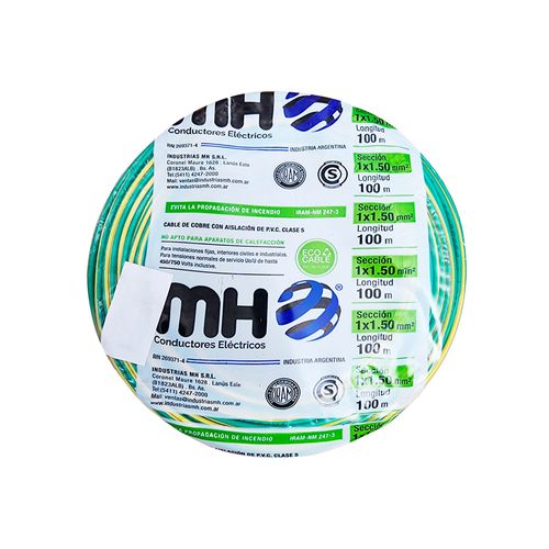 Cable Unipolar 1.50 Mm Verde y Amarillo X 50 Mts Mh Industrias Mh