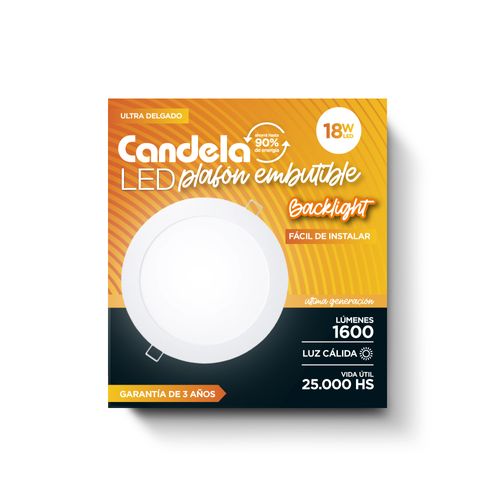 Plafón Led Redondo 1 Luz Embutible Luz Cálida 18W Backlight Candela