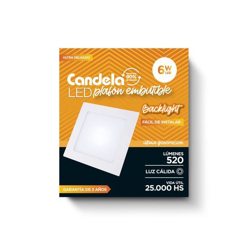 Led Plafón Cuadrado Embutible 6 W Luz Cálida Candela