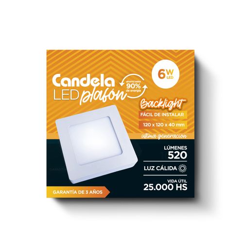 Led Plafón Cuadrado 6 W Luz Cálida Candela