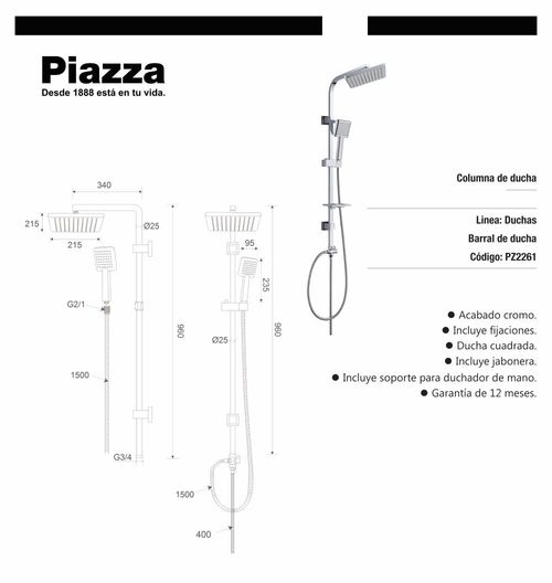 Columna de Ducha 3 Jets Cromado Piazza