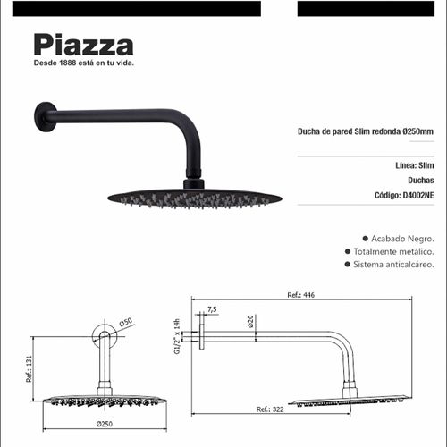 Ducha Lluvia Negro 25 Cm Piazza