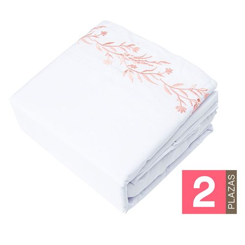 Juego de Sábanas Microfibra Blanco/Rosa 2 Plazas 120 Grs Bordada Cotidiana