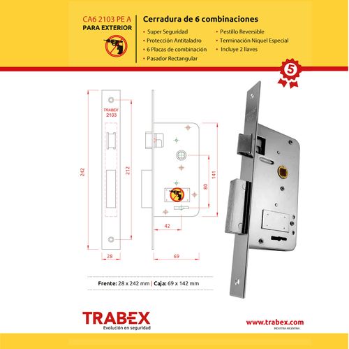 Cerradura de Super Seguridad 2103 Acero Niquelada Trabex