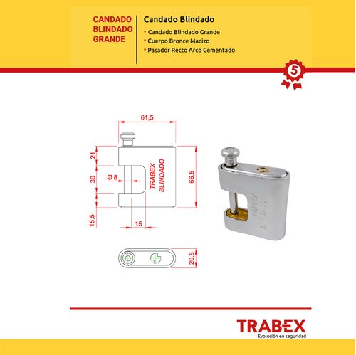 Candado Blindado Pasador Recto 30 Mm Trabex