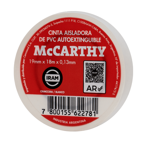 Cinta Aisladora De PVC Blanco 18 Mts McCarthy