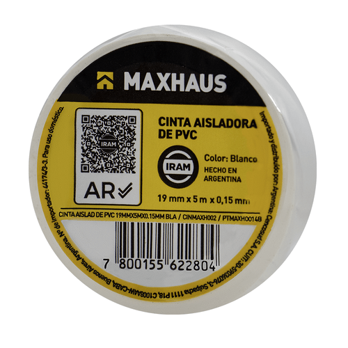 Cinta Aisladora PVC Blanco 19 Mm x 5 Mts Maxhaus