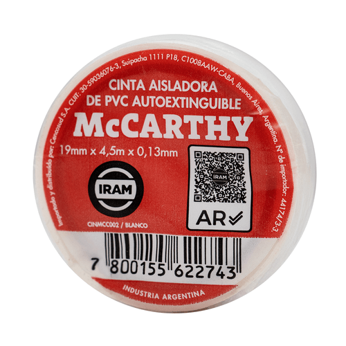 Cinta Aisladora PVC Blanco 4.5 Mts McCarthy