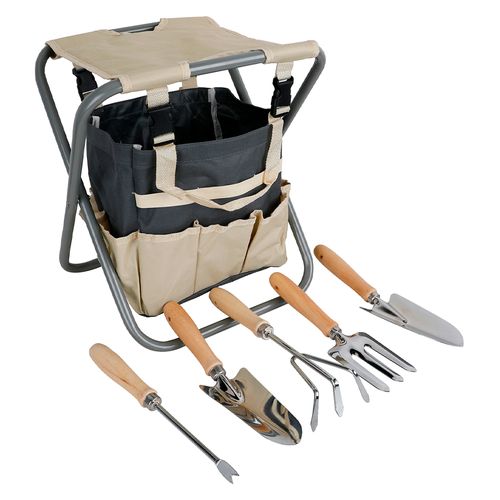 Set de Herramientas para Jardín Acero 30 Cm con Bolso y Silla Beige Roots
