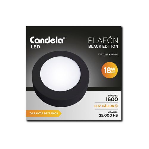 Plafón Led Redondo 1 Luz Cálida 18 W Negro 7723 Candela Led